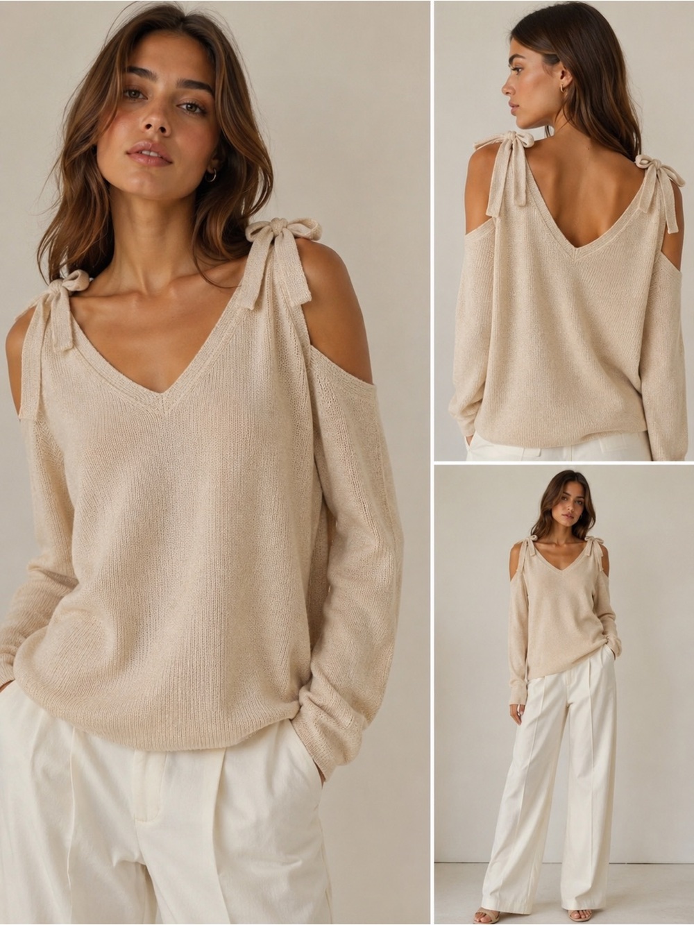Club Monaco Luxury Merino Wool & Silk Cold-Shoulder Tie Sweater Cream